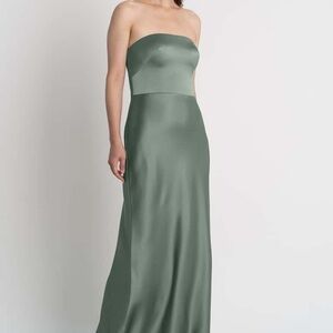 Jenny Yoo Strapless Satin Dress in Sage